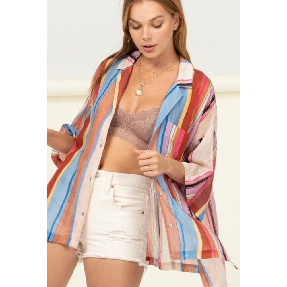Hyfve Women's Shirt Stripe Me Up Button‎ Up Multicolor Size L Sheer Oversize